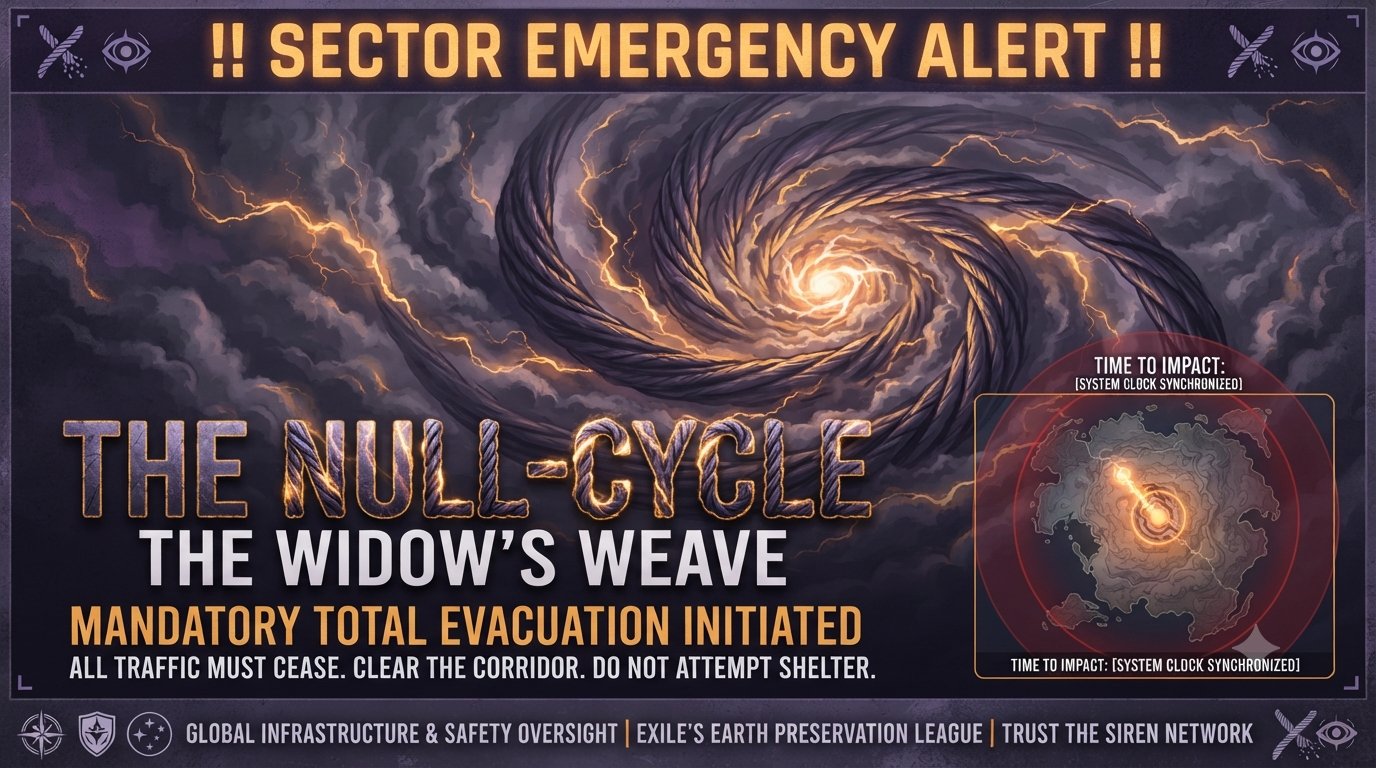 Sector emergency alert board for the Null-Cycle — 'The Widow's Weave': a vast braided storm vortex lit with orange lightning over the headline 'Mandatory Total Evacuation Initiated,' with a time-to-impact map inset and the footer 'Global Infrastructure & Safety Oversight · Exile's Earth Preservation League · Trust the Siren Network'
