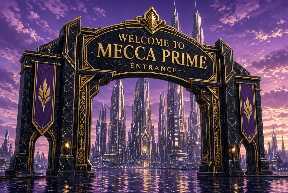 The Mecca Prime entrance — a black marble and gold arch reading 'Welcome to Mecca Prime — Entrance,' purple banners hanging at its pillars, the luxury spires of the city rising over the water at dusk