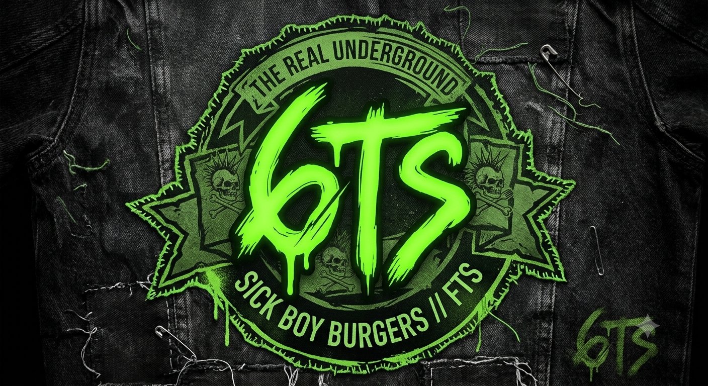 The Sick Boy Burgers 6TS patch — a neon-green '6TS' emblem stitched on a worn black denim jacket, ringed by 'The Real Underground — Sick Boy Burgers // FTS'