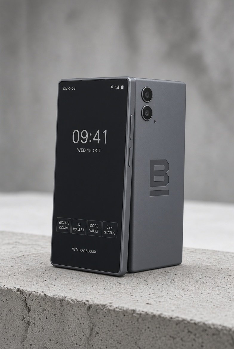 A Civil-OS smartphone standing on concrete — lock screen reading '09:41, Wed 15 Oct' with Secure Comm, ID Wallet, Docs Vault, and Sys Status tiles, the B-mark on its back panel