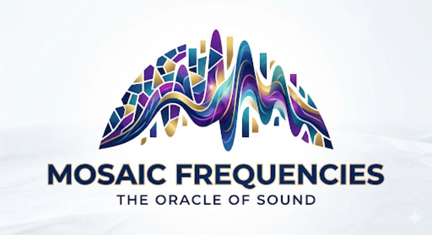 Mosaic Frequencies official logo — a mosaic soundwave crest in purple, teal, and gold above the name, with the tagline 'The Oracle of Sound'
