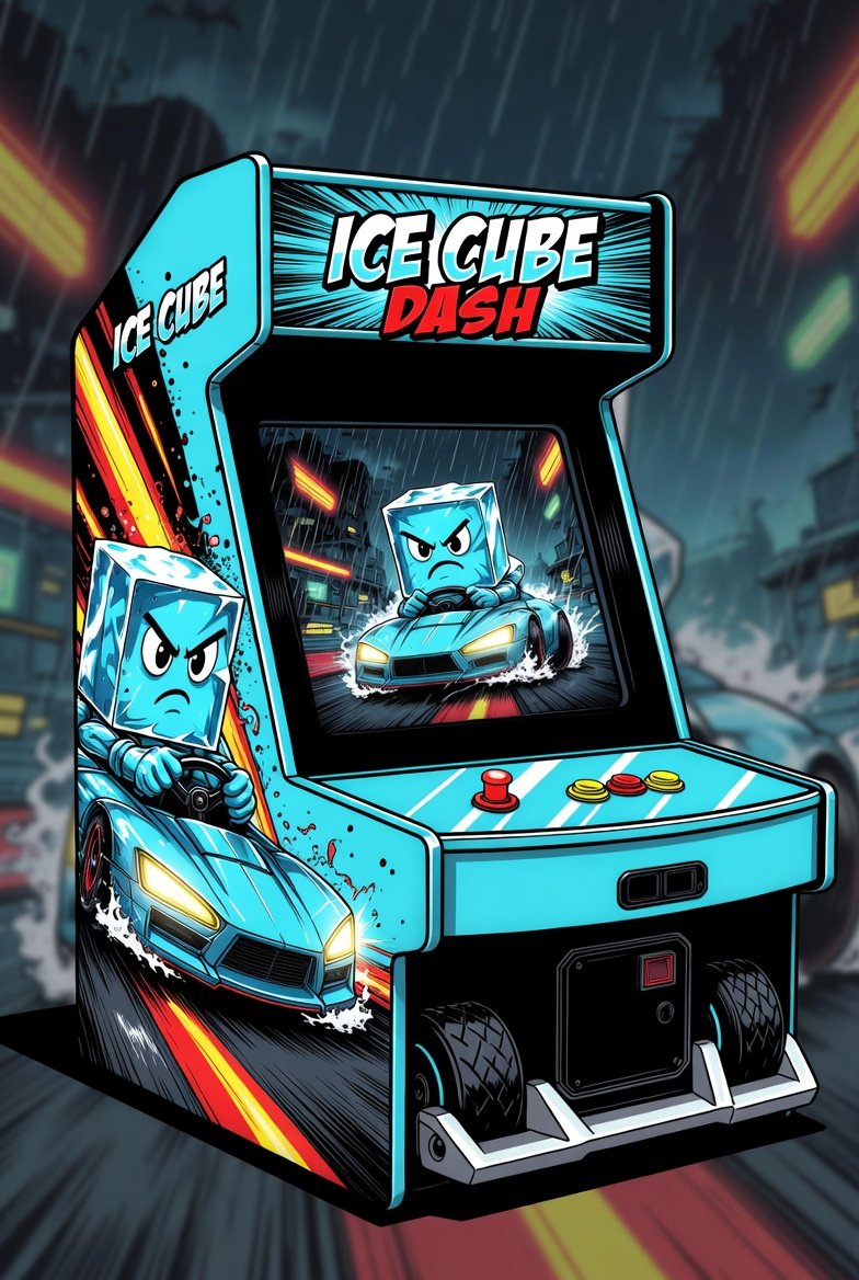 Ice Cube Dash arcade cabinet — the scowling ice cube mascot gripping a steering wheel in a blue race car, on the cabinet art and on the screen above the button deck