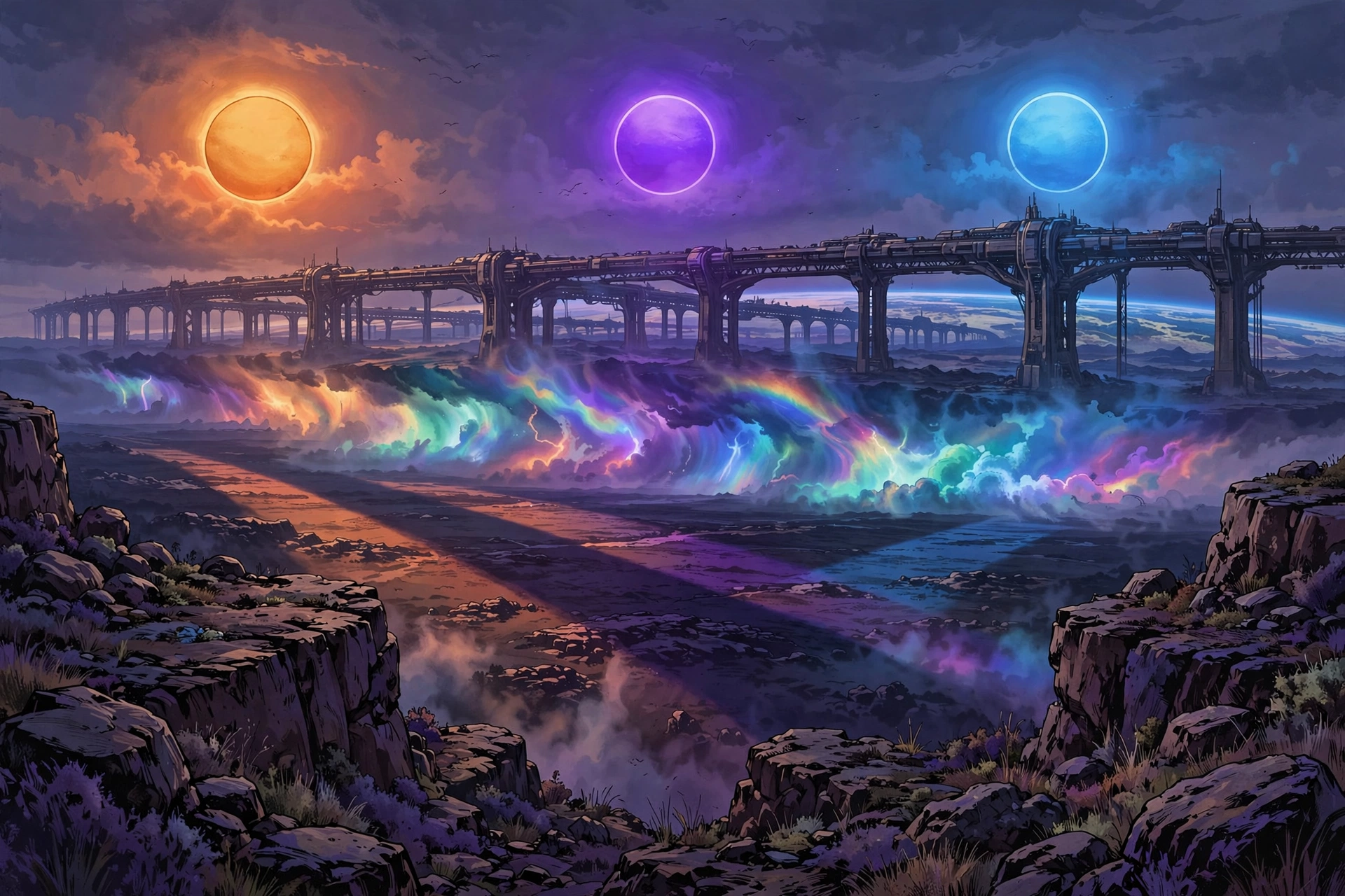 Exile's Earth under its three suns — Amber, Violet, and Azure — with the Tonto Highway spanning the horizon above a Prismatic Front
