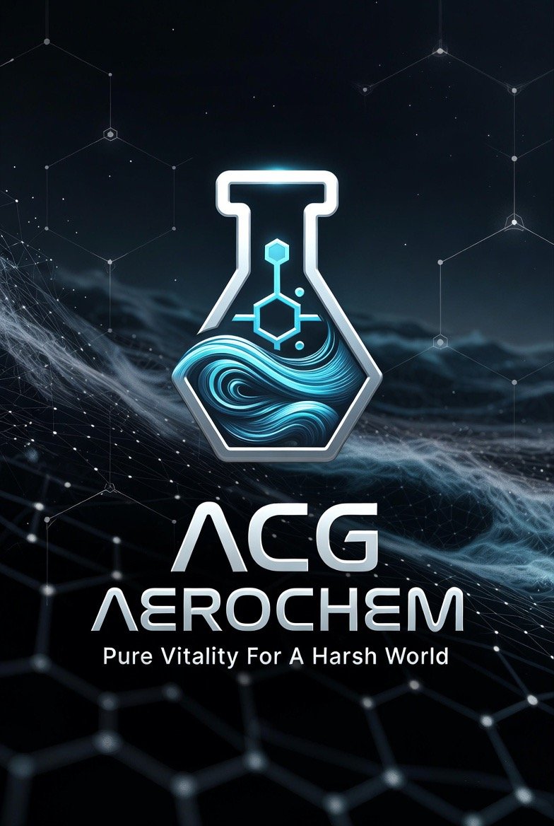 ACG Aerochem variant mark — a silver laboratory flask holding a glowing blue molecular wave, over a dark network field, above the name 'ACG Aerochem' and the line 'Pure Vitality For A Harsh World'