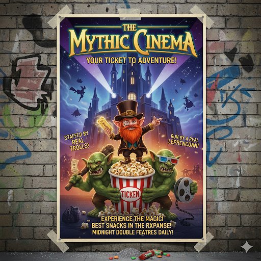 The Mythic Cinema street poster taped to a graffiti brick wall — a red-bearded leprechaun usher holding a ticket over a popcorn bucket carried by two green trolls in 3D glasses, under the lines 'Your Ticket to Adventure!' and 'Staffed by Real Trolls!'